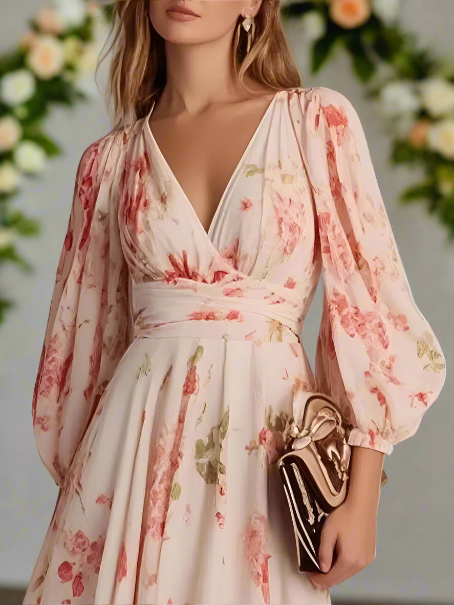 Meredith™ | Floral V-Neck Long Dress