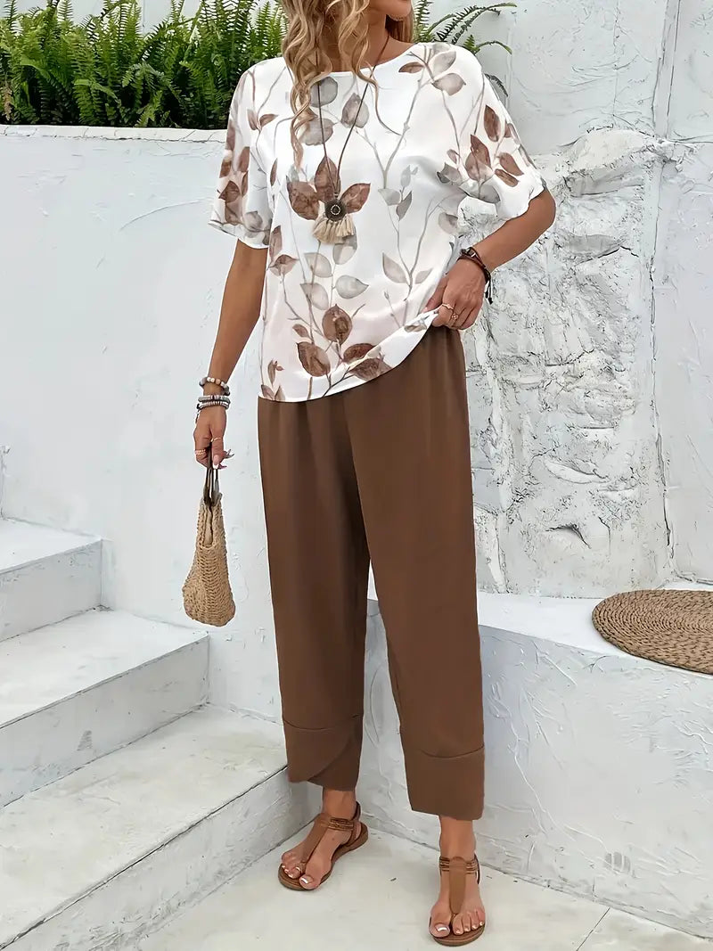 Zofia™ | Printed Top and Solid Pants Set