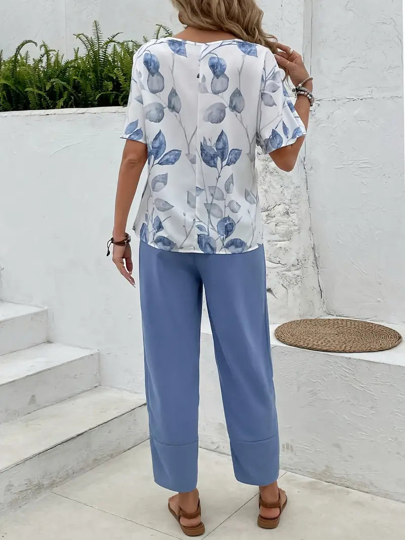 Zofia™ | Printed Top and Solid Pants Set