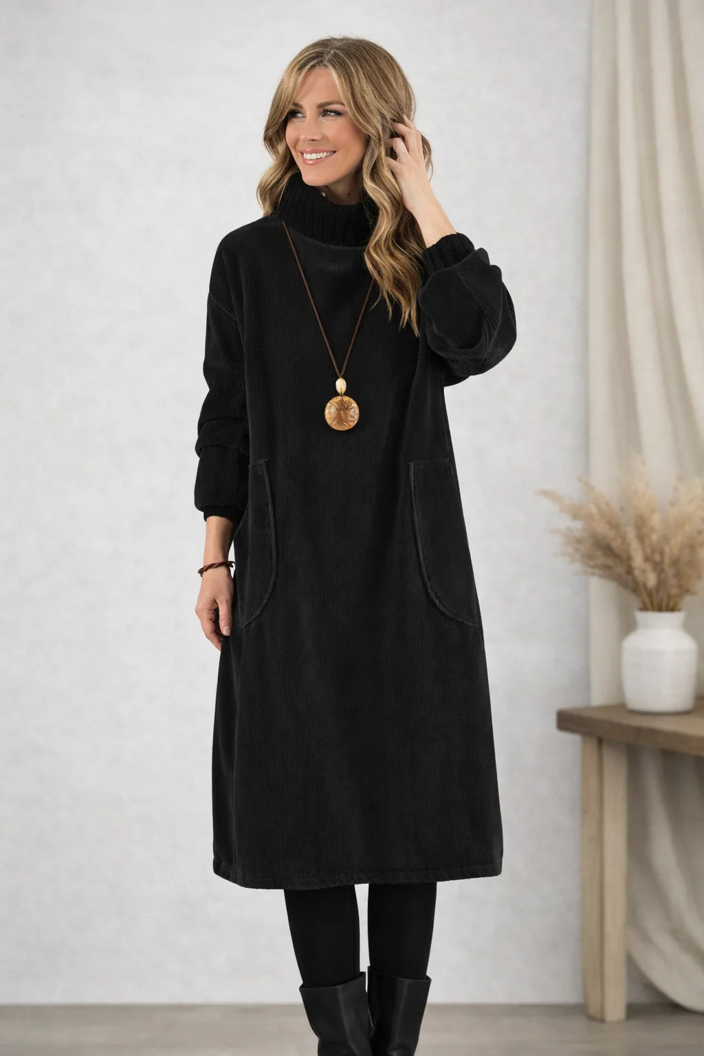 Lissora™ | Long Sleeve Corduroy Midi Dress