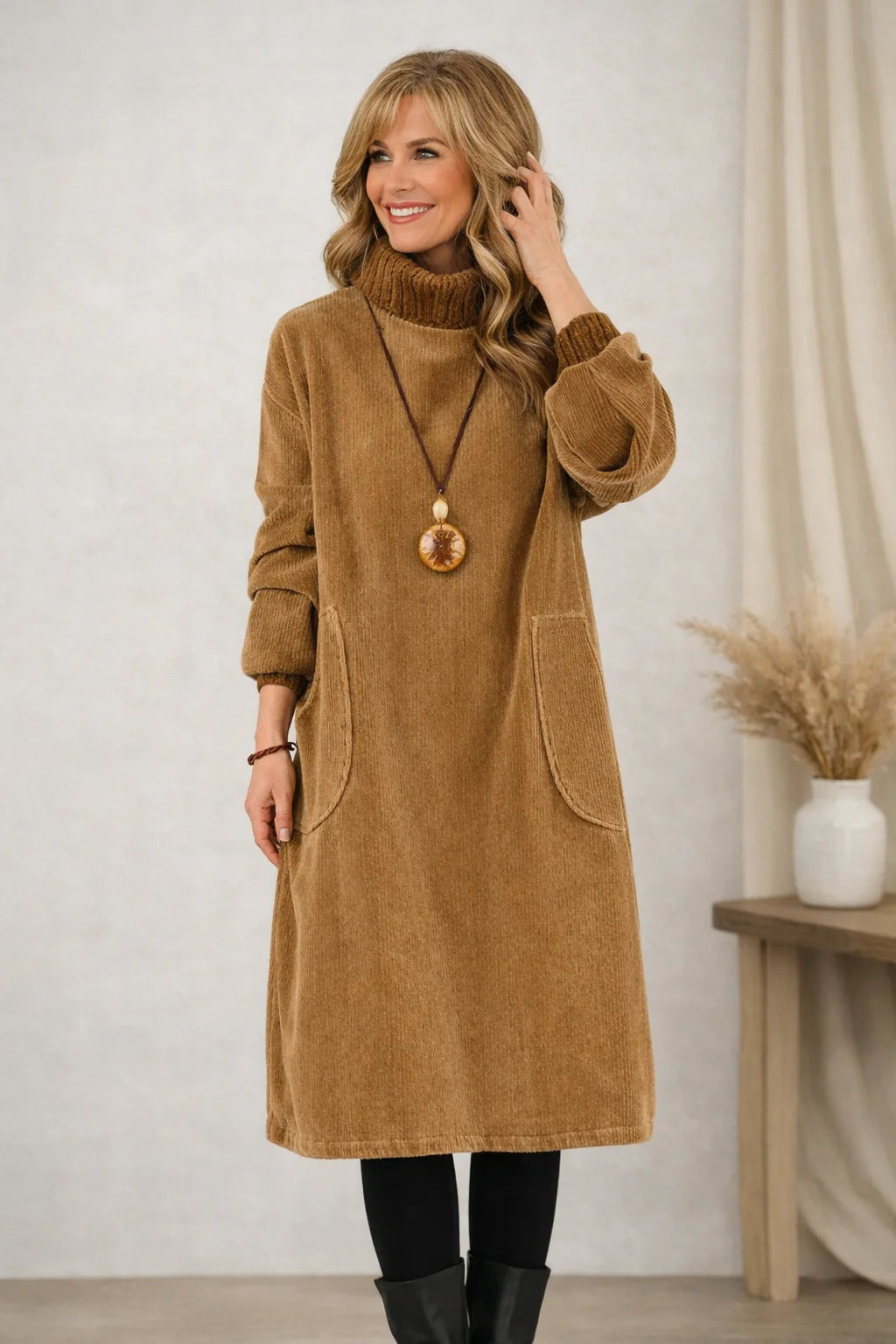 Lissora™ | Long Sleeve Corduroy Midi Dress
