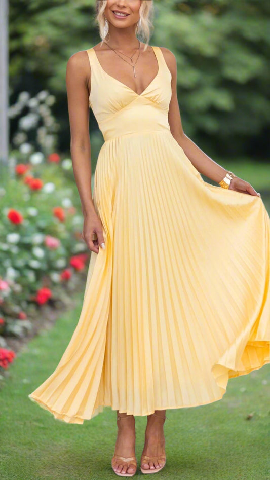 Oleena™ | Golden V-Neck Flowing Dress