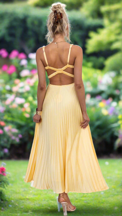Oleena™ | Golden V-Neck Flowing Dress