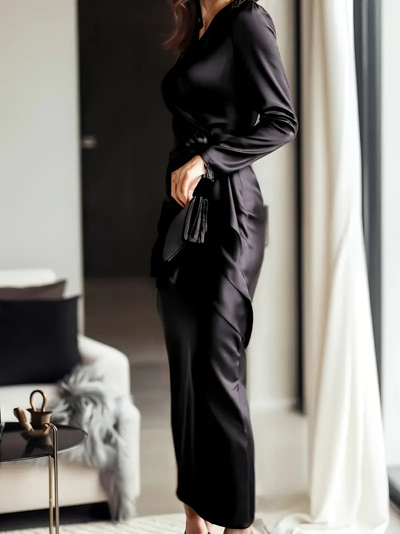 Vina™ | Satin-Wrapped Long Sleeve Dress