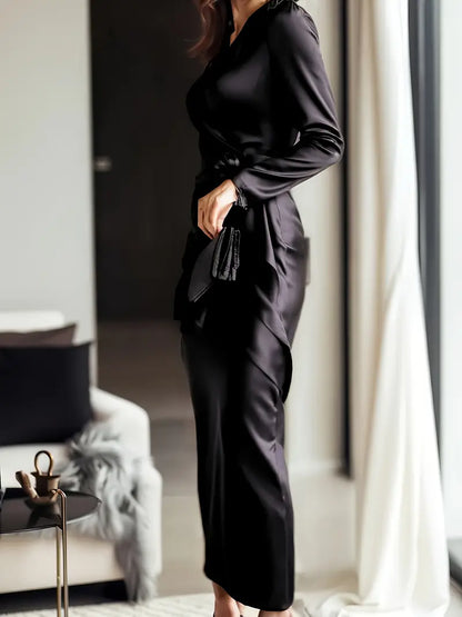 Vina™ | Satin-Wrapped Long Sleeve Dress