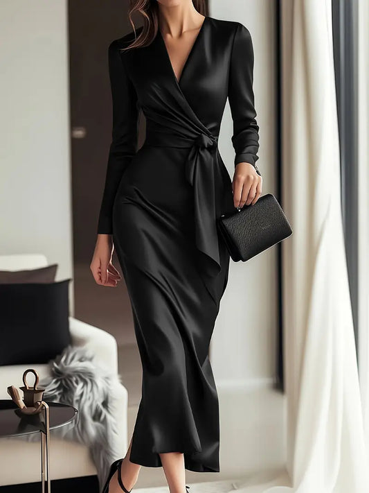 Vina™ | Satin-Wrapped Long Sleeve Dress
