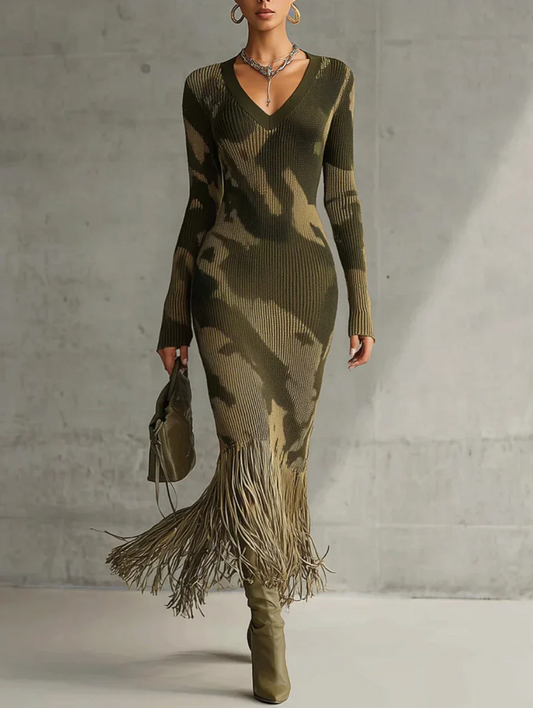 Thalina™ | V-Neck Knit Dress in Camo Print